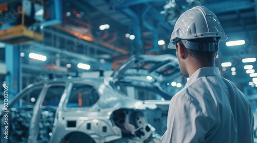 Engineer wearing hardhat inspecting car production line in automotive industry factory