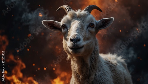 A goat is in a swirling cloud of fire and smoke,. photo
