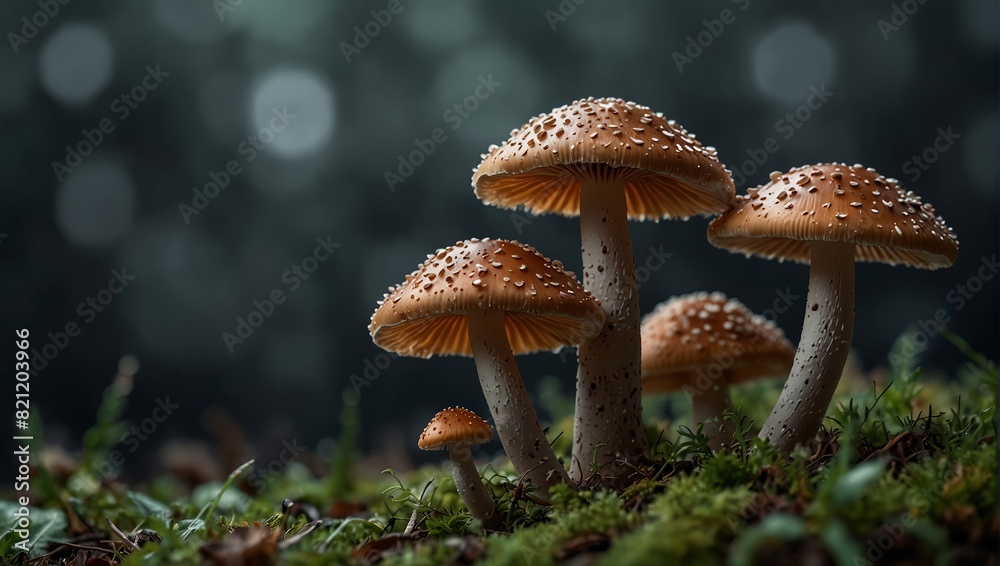 A group of mushrooms are growing against a gray background. A group of mushrooms are growing against a gray background.