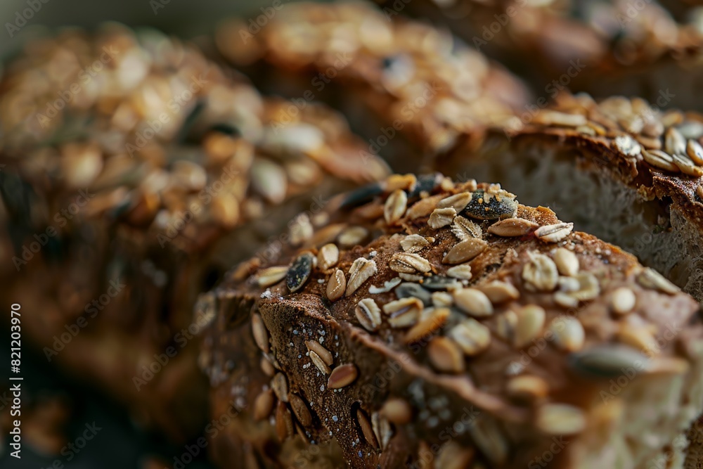 Close-Up of Organic Multigrain Bread with Seeds and Nuts - Textures and Natural Ingredients for Healthy Eating Concepts Close-Up of Organic Multigrain Bread with Seeds and Nuts - Textures and Natural Ingredients for Healthy Eating Concepts