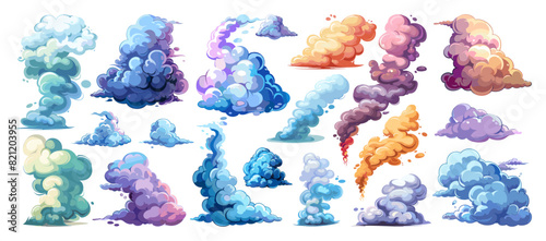 Cartoon Steam Clouds. Vivid Illustrations. Isolated Icons Set. Vector Illustration on White Background. Steam Puffs, Vapor Clouds, Smoke Icons, Environmental Illustrations, Steamy Atmosphere, Graphic