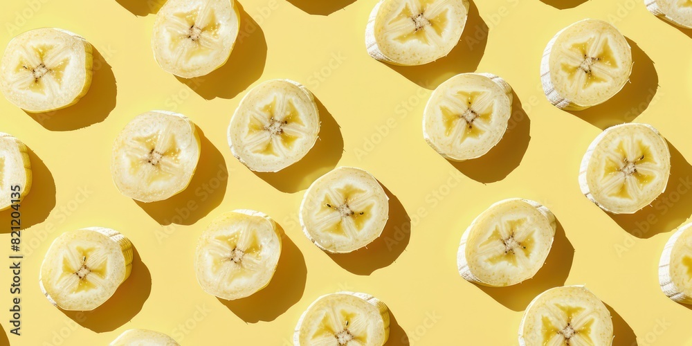 Close-up of sliced bananas forming a seamless pattern on a bright yellow background.