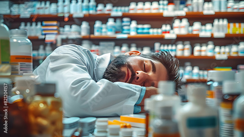 Pharmacist Exhausted: Long Hours in Healthcare Field Photo Realistic Image of a pharmacist napping on the counter in a pharmacy, showcasing dedication challenges in the healthc