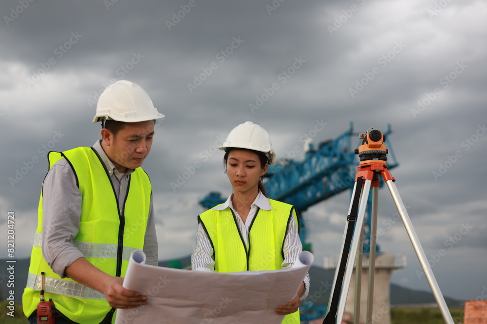 Senior civil engineer with the team working with blueprint drawing and survey camera at the construction site. Construction workers discuss the building plans at the ural Sky Road construction project Senior civil engineer with the team working with blueprint drawing and survey camera at the construction site. Construction workers discuss the building plans at the ural Sky Road construction project