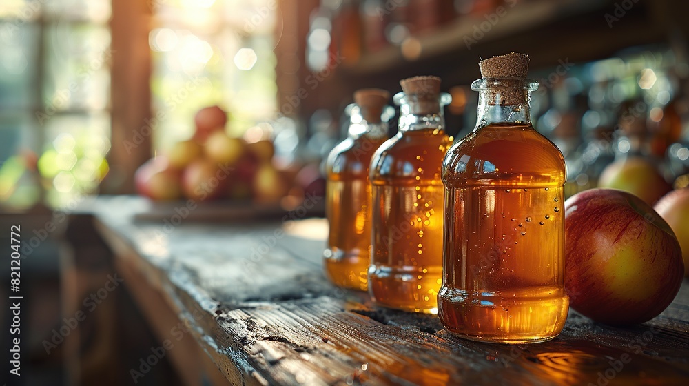 Wooden table display and bottles of apple cider vinegar Wooden table display and bottles of apple cider vinegar