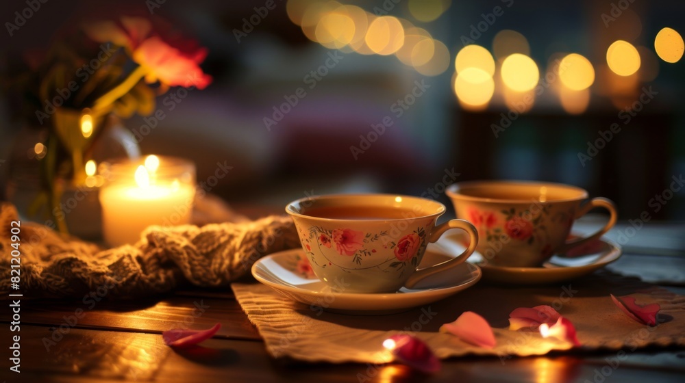 Fototapeta premium Romantic setting with two cups of tea on a table with candles.