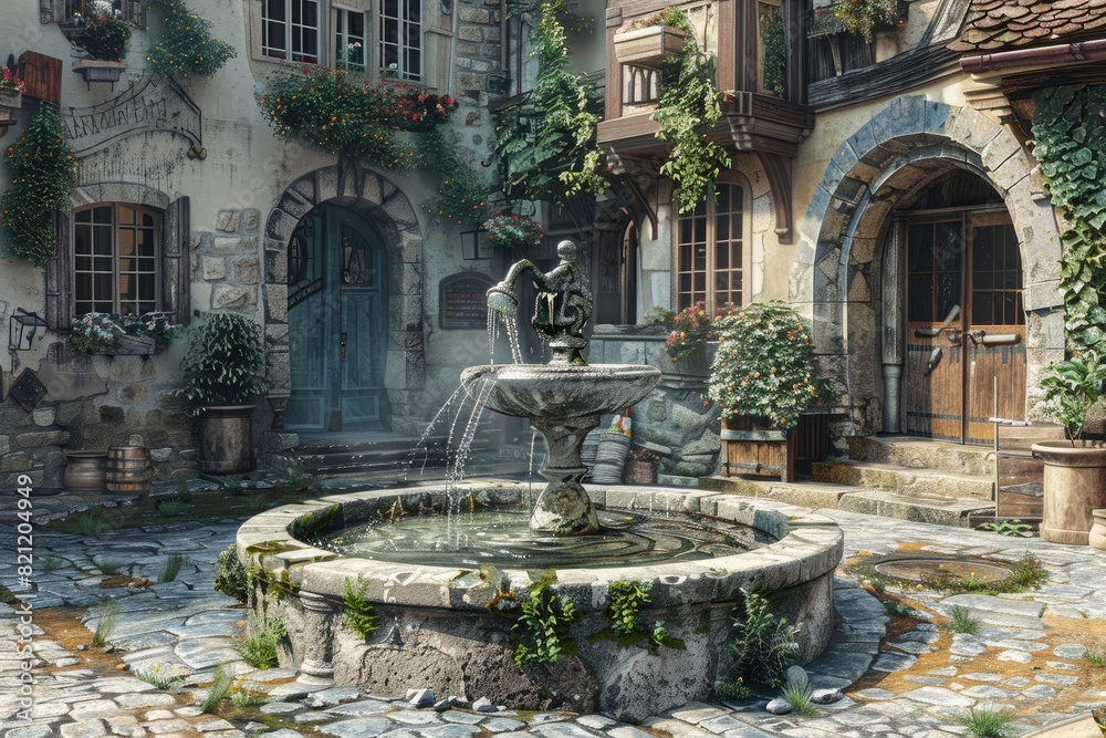 A charming village fountain in a picturesque town square, with a weathered stone basin and a rustic hand pump, surrounded by quaint cobblestone streets and historic buildings.