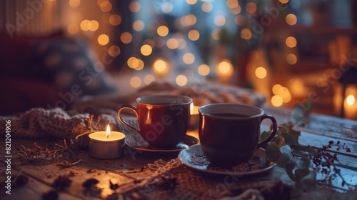 Romantic setting with two cups of tea on a table with candles.