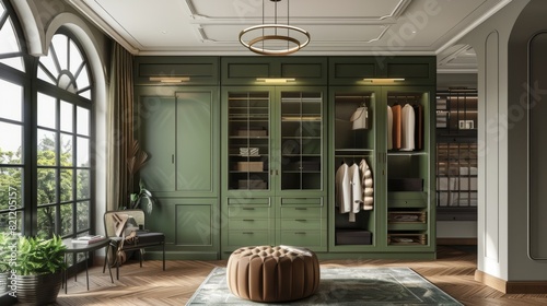 Wide shot of green wardrobe in bedroom interior design. generative ai