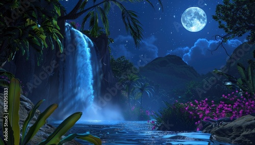 Nighttime Serenity by the Waterfall photo