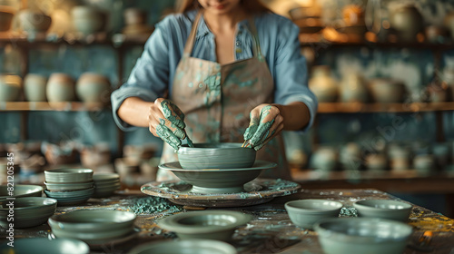 Crafting Dreams: Capturing the Art of Pottery Making in a Ceramics Studio with Photo Realistic Precision, Showcasing the Artisan s Hands on Creativity and Craftsmanship � Ideal for