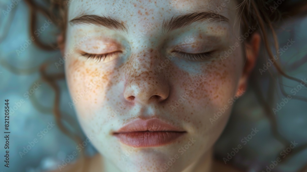 Serene woman's face with closed eyes, enjoying a moment of tranquility. Serene woman's face with closed eyes, enjoying a moment of tranquility.
