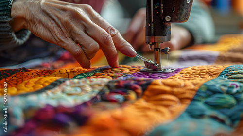 Creative and Precision: Woman Quilting on Sewing Machine   Illustrating Traditional Hobby with Photo Realistic Details of Craftsmanship and Satisfaction photo