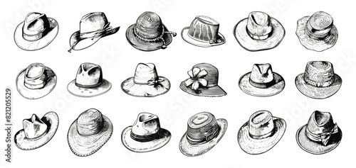 Doodle Style Beach Hats and Sun Hats. Low Detailed Line Sketch with Crisp Contours on White Background. Hand-Drawn Summer Headwear, Casual Beach Fashion, Vacation Accessories, Sun Protection Gear