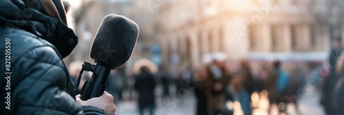 A journalistic scene with a reporter holding a microphone, ready to interview at an outdoor event