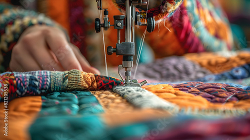 Creative and Precise: Woman Quilting on Sewing Machine Capturing the Essence of Traditional and Comforting Hobby   Photo Realistic Stock Concept photo