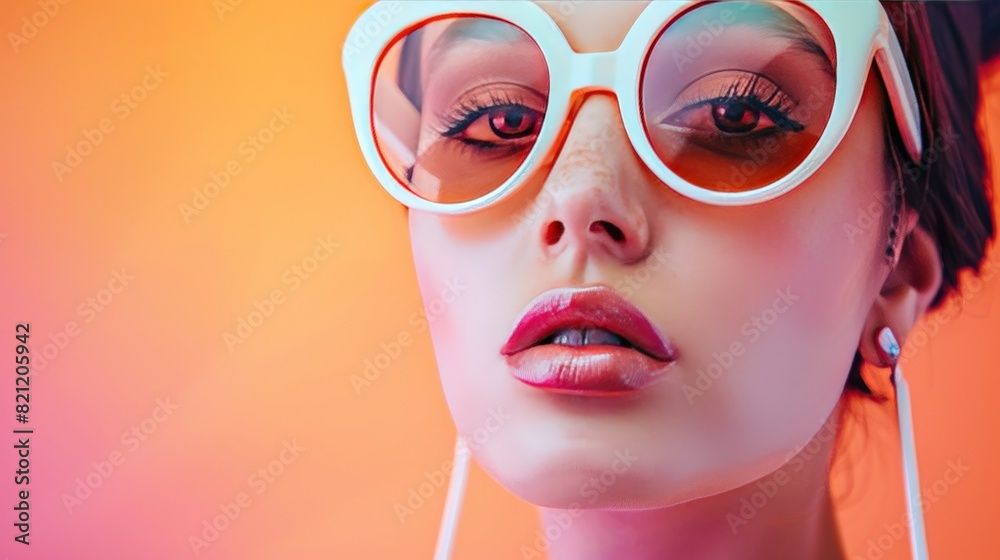 A fashionable woman in large sunglasses, a summer background in bright retro colors A fashionable woman in large sunglasses, a summer background in bright retro colors