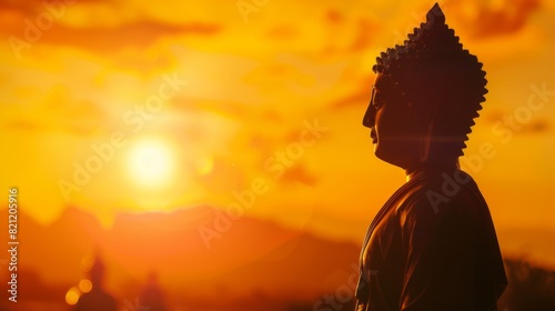 Side profile of a Buddha statue silhouette with a golden sunrise background.