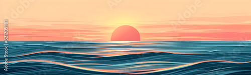 A minimalistic flat illustration of a serene sunrise over the ocean, ideal for travel and vacation themes.