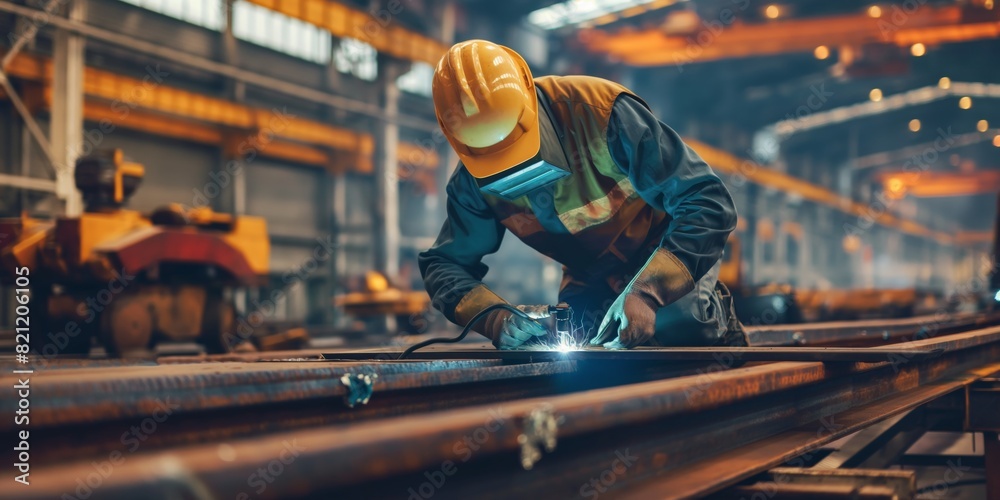 Skilled welder in protective gear performs metal welding work in an industrial environment Skilled welder in protective gear performs metal welding work in an industrial environment