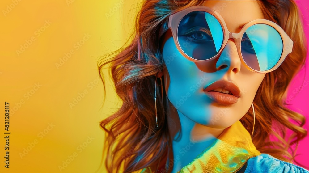 A fashionable woman in large sunglasses, a summer background in bright retro colors