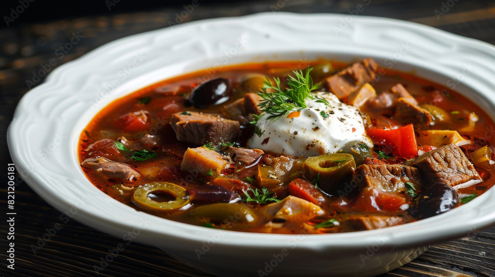 Authentic ukrainian borscht served in a white bowl, garnished with sour cream and fresh herbs, representing eastern european cuisine Authentic ukrainian borscht served in a white bowl, garnished with sour cream and fresh herbs, representing eastern european cuisine