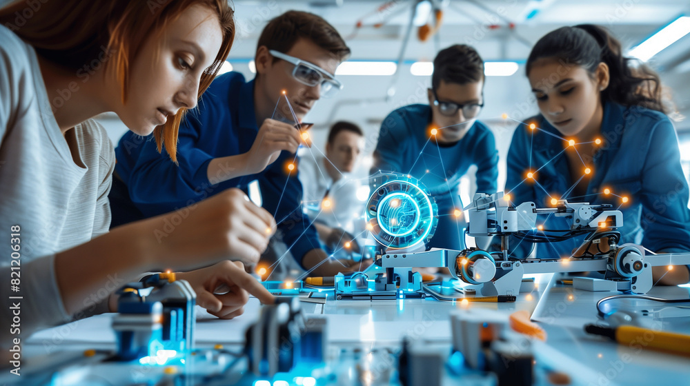 Three focused teenagers working together on a robotics project in a lab, highlighting teamwork, innovation, and STEM education. Three focused teenagers working together on a robotics project in a lab, highlighting teamwork, innovation, and STEM education.