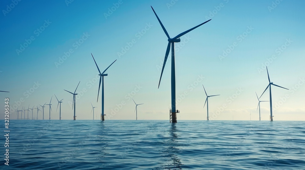 A large number of wind turbines are in the water A large number of wind turbines are in the water