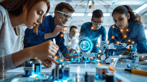 Three focused teenagers working together on a robotics project in a lab, highlighting teamwork, innovation, and STEM education.