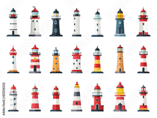 Flat Lighthouses. Simple Vector Illustration on White Background. Maritime Beacons, Coastal Navigation, Nautical Icons, Seafaring Symbols, Lighthouse Designs, Ocean Safety, Coastal Landmarks