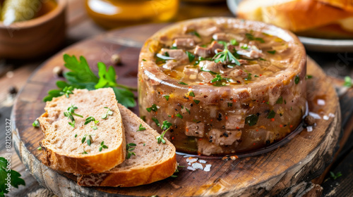 Delicious ukrainian meat jelly, adorned with fresh herbs, presented alongside rye bread on a charming wooden platter photo