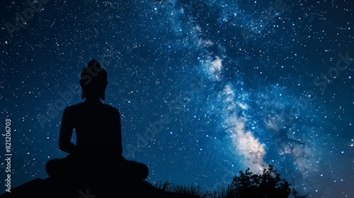 Silhouette of a Buddha statue against a starry night sky.