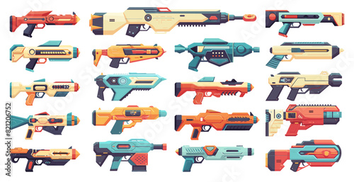 Flat Set of Laser Blasters in Different Colors and Shapes. Simple Vector Illustration on White Background, Futuristic Weapons, Sci-Fi Armory, Energy Guns, Space Shooter Equipment, Blaster Collection