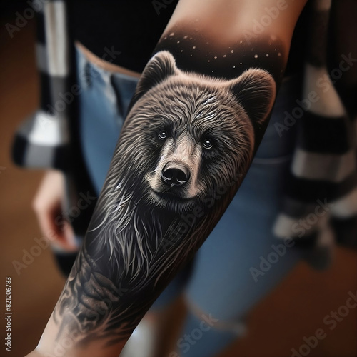 Power and Protection Inspiring Bear Tattoo Art, generative AI