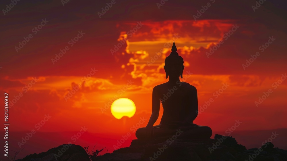Silhouette of a Buddha statue in meditation pose with a fiery sunset. Silhouette of a Buddha statue in meditation pose with a fiery sunset.