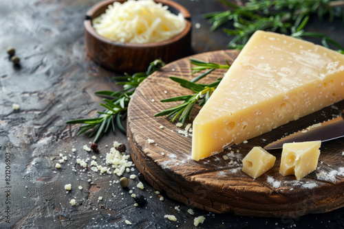 A piece of a triangle of parmesan cheese on a board with elements of green rosemary and other herbs on a dark beautiful background with space for text or inscriptions 