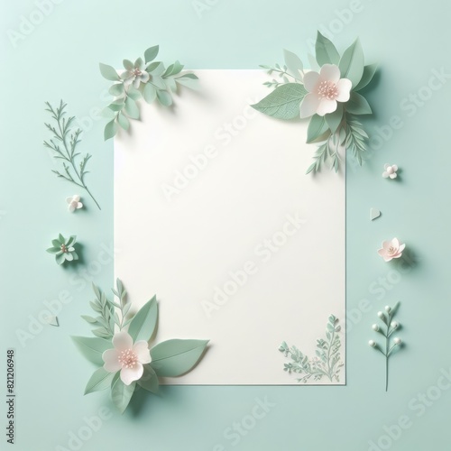Floral mockup on a blank wedding invitation with mint green tones. Delicate card with copy space