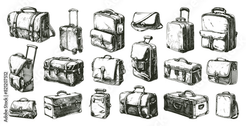 Hand Drawn Vintage Leather Suitcases and Bags. Simple Style, Black Icons on White Background, Retro Luggage, Classic Travel Bags, Vintage Carry-Ons, Handcrafted Travel Accessories, Antique Baggage