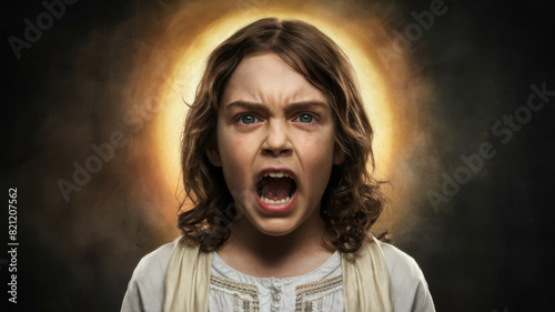 Angry Young Jesus with Halo of Rays on His Head