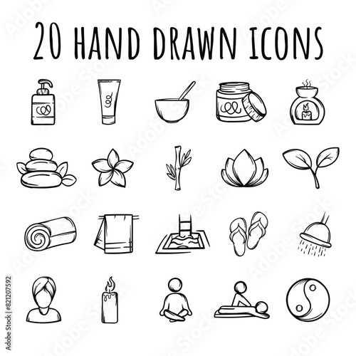Set of 20 hand drawn vector color icons related to spa, beauty and health