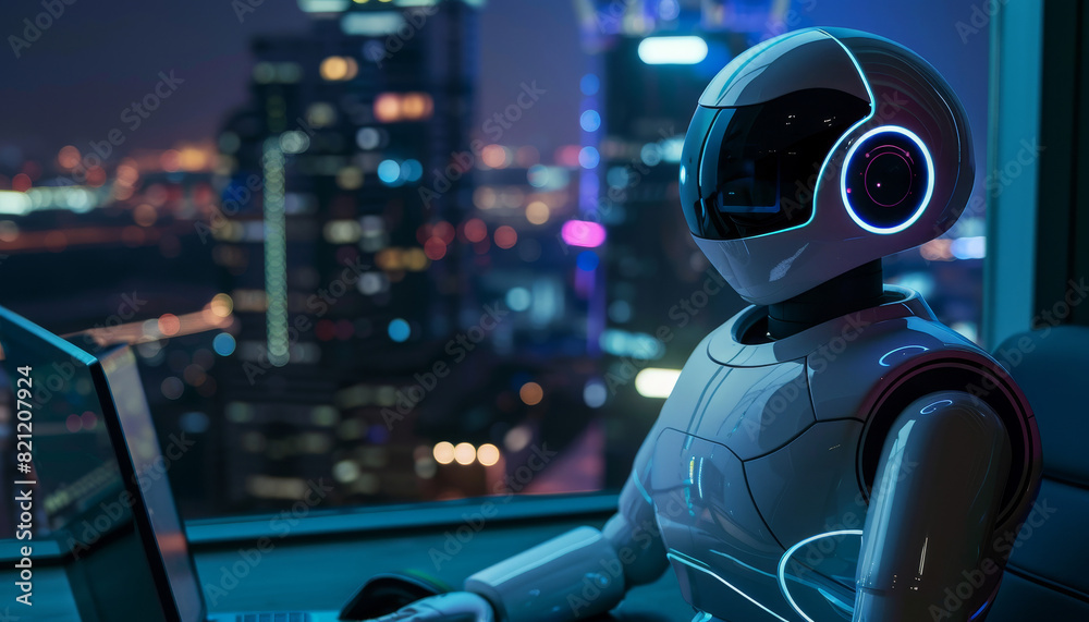 A robot is sitting in front of a computer keyboard by AI generated image