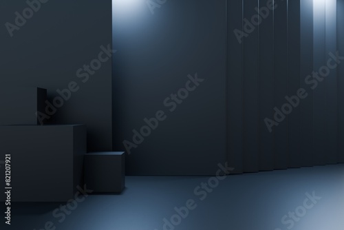 Fototapeta Naklejka Na Ścianę i Meble -  Interior dark room, hangar with concentrate wall and floor, fog and mist environment. 3d render. 