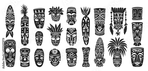 Tribal Symbols of Hawaiian and African Culture Icons Set. Black and White. Line Sketch with Crisp Contours on a White Background. Indigenous Hawaiian and African Designs, Tribal Patterns, Cultural