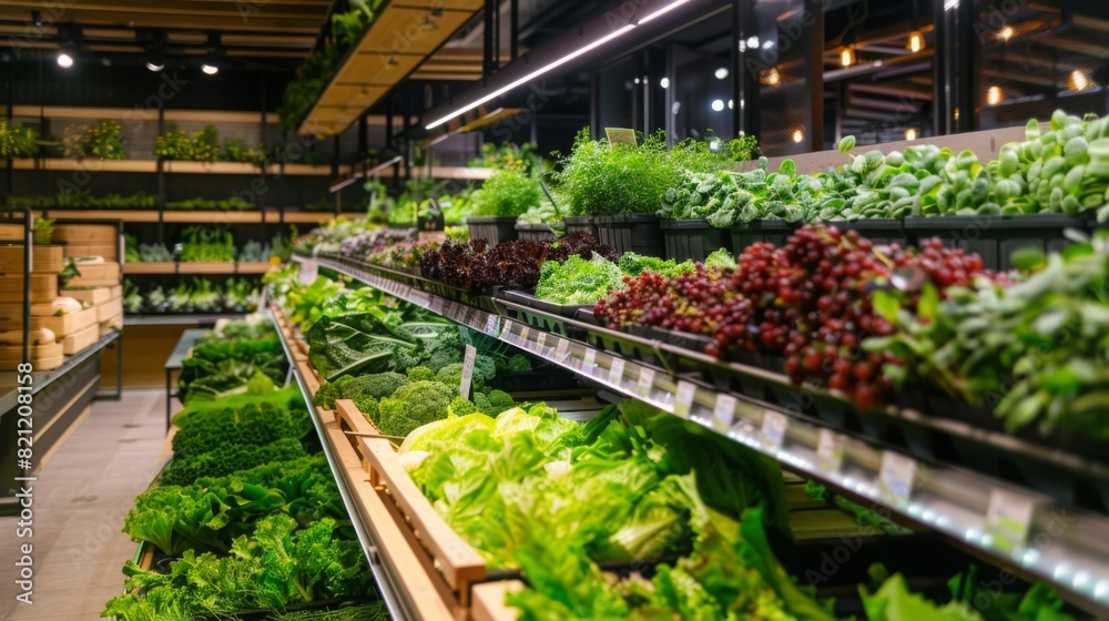 ertical farming and on-site production in a modern supermarket, fresh and locally grown products, clean and eco-friendly design ertical farming and on-site production in a modern supermarket, fresh and locally grown products, clean and eco-friendly design