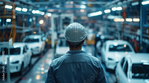 Engineer wearing hardhat inspecting car production line