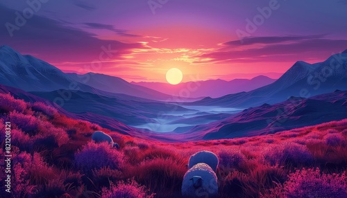 Moorland with wandering sheep flat design top view pastoral life theme animation Complementary Color Scheme