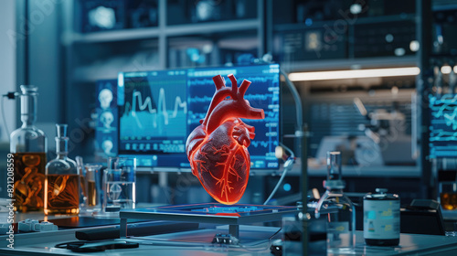 3D printed human heart model in a lab setting with technological equipment and screens displaying data. Advanced medical research concept. photo