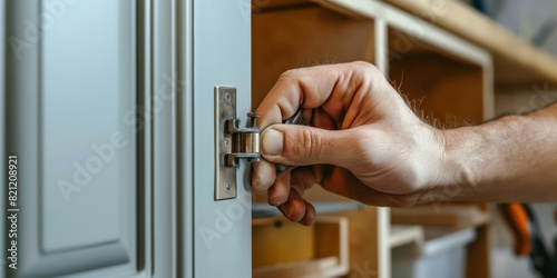 Close-up of a person s hand making adjustments to a cabinet door hinge  with a focus on the hardware