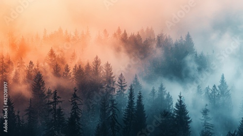 Dense forest with countless trees shrouded in foggy haze