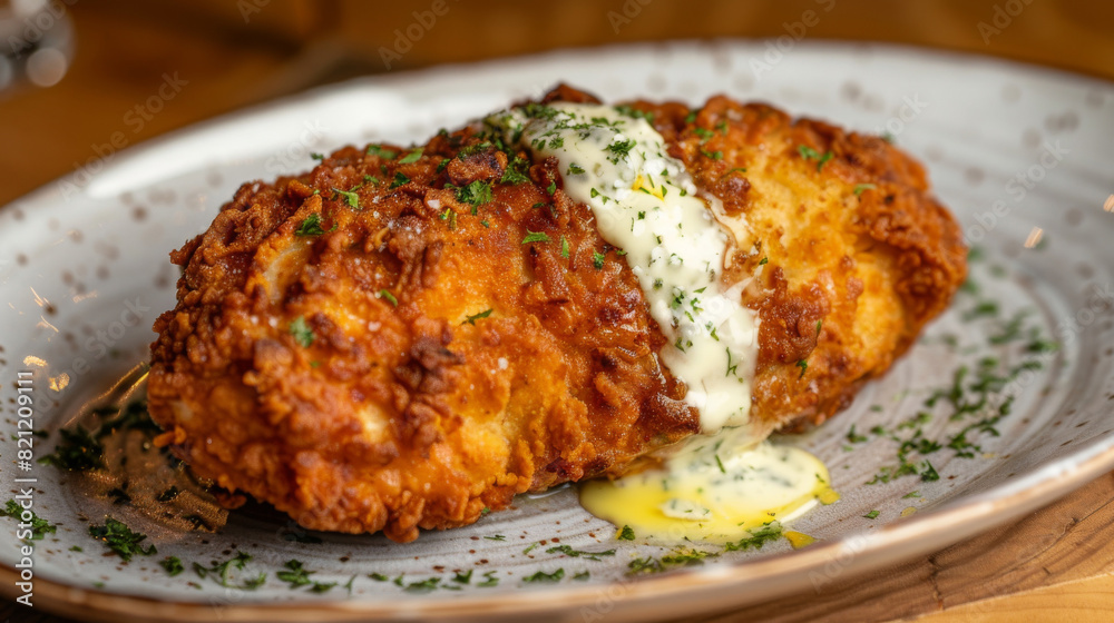 Gourmet chicken kiev with a fresh herb and butter sauce presentation on a rustic wooden table, perfect for culinary inspiration